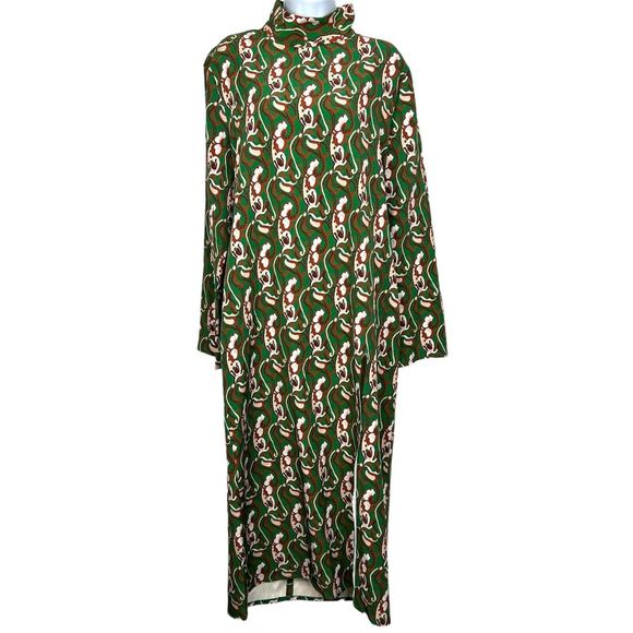 Zara Green Paisley Print Long Sleeve Mock Neck Side Slit Midi Dress XXL Blogger - Picture 2 of 14